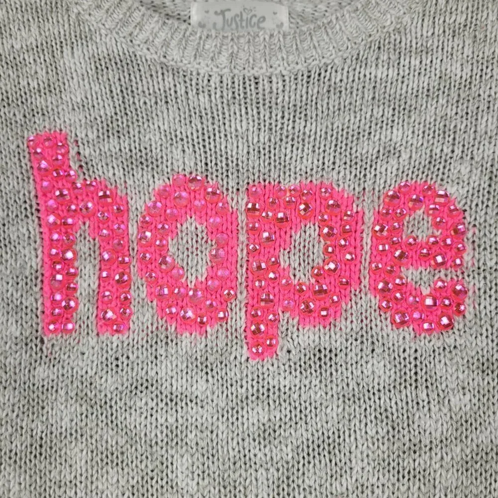 Justice Gray Pink Hope Rhinestone Graphic Crew Neck Sweater 10